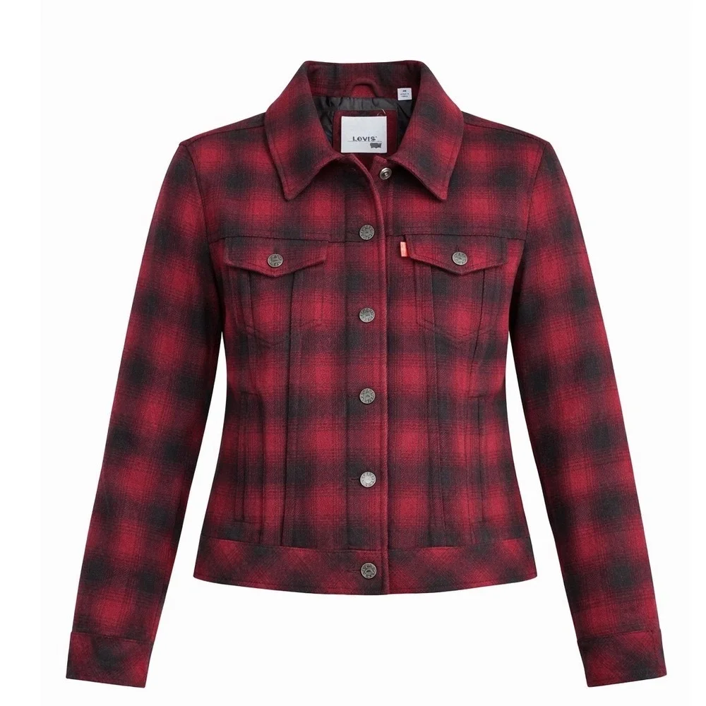 Levis Buffalo Plaid Wool Blend Trucker Jacket Medium cropped workwear grunge red